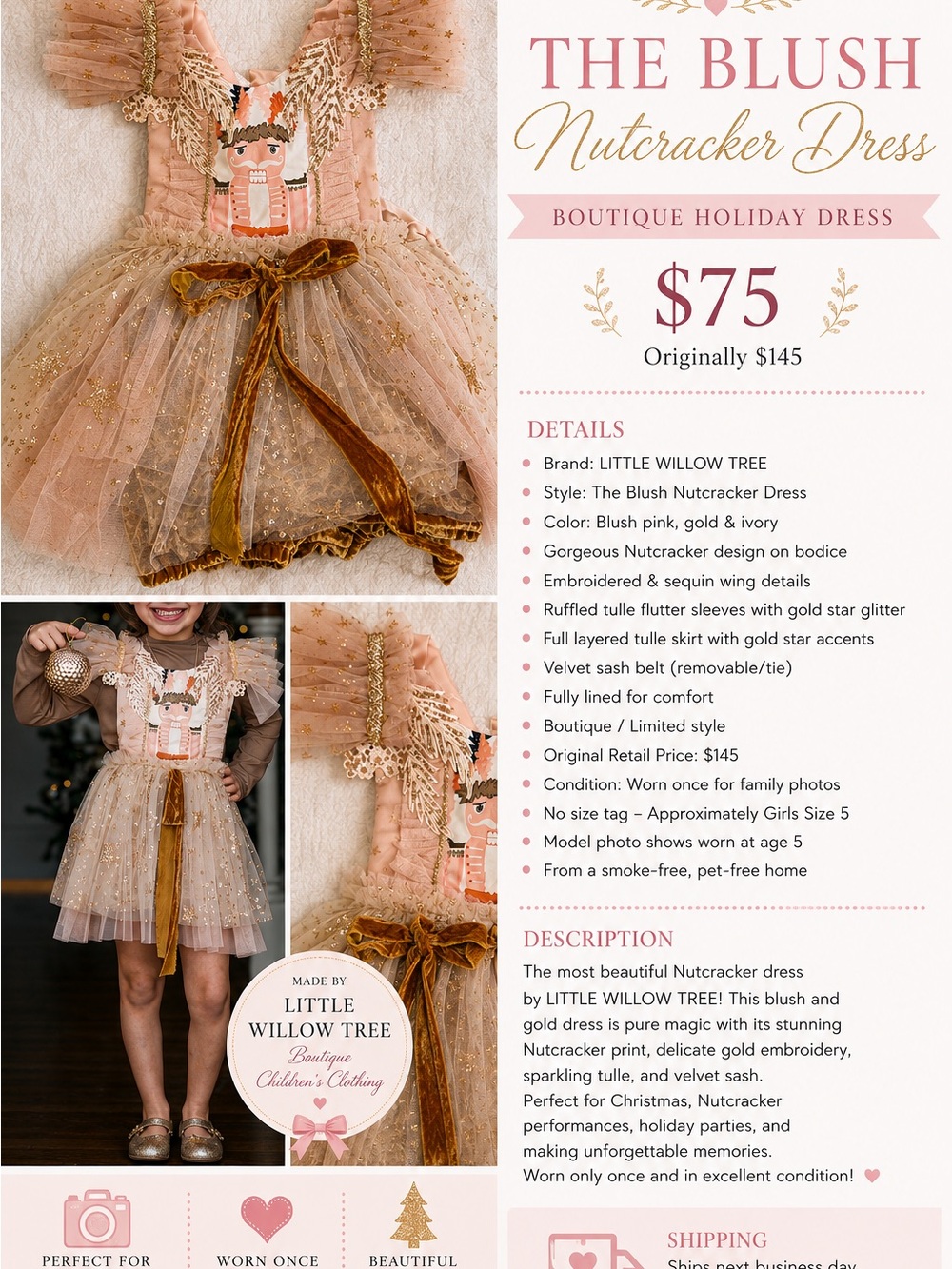 Willow Tree Blush Pink & Gold Nutcracker Costume Dress